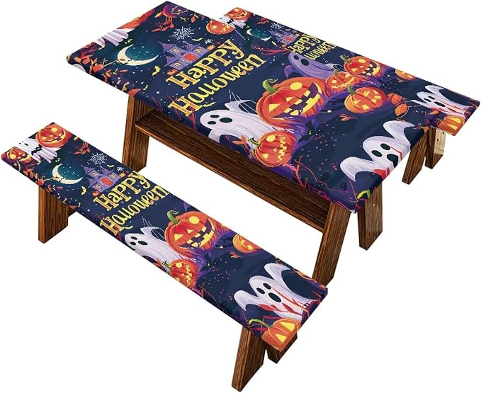 Happy Halloween Picnic Table Cover with Bench Covers Lightweight Camping Essentials, Oil-Proof Waterproof 3PCS Tablecloth with Elastic, Fitted for Backyard Parties & Trick-or-Treat