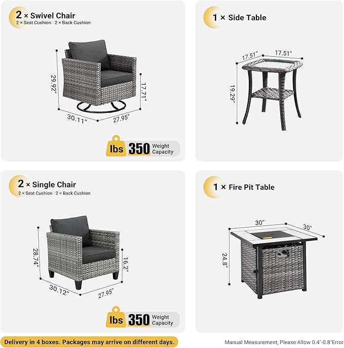 ovios 6 Pieces Patio Furniture Set, Outdoor Wicker Rattan Swivel Chairs with 30" Fire Pit Table, High Back Rocking Glider Chair Conversation Sets for Porch Deck, Black