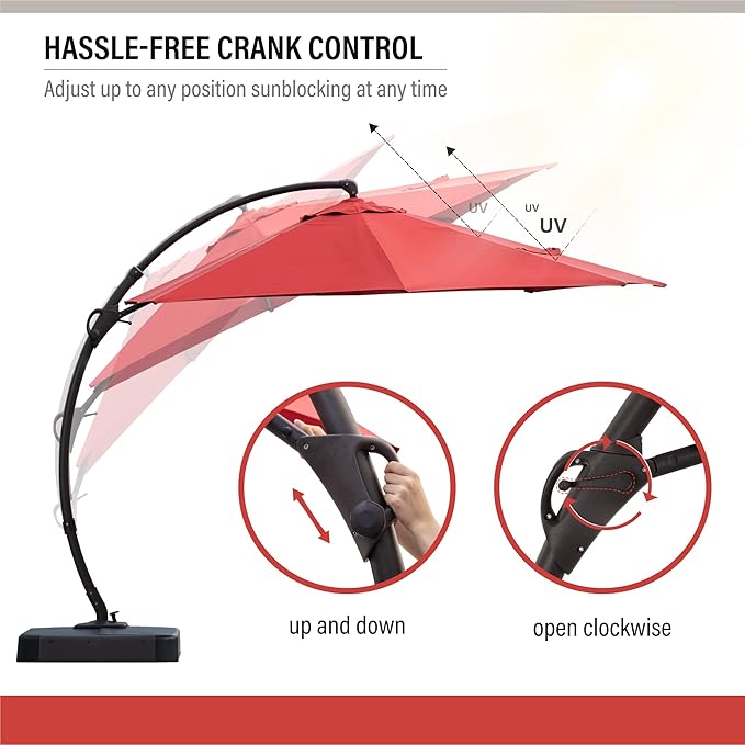 LAUSAINT HOME 11FT Curvy Cantilever Patio Umbrella with Base, 360° Rotation Offset Outdoor Umbrella, Heavy Duty Hanging Umbrella for Backyard, Pool, Garden（Red）