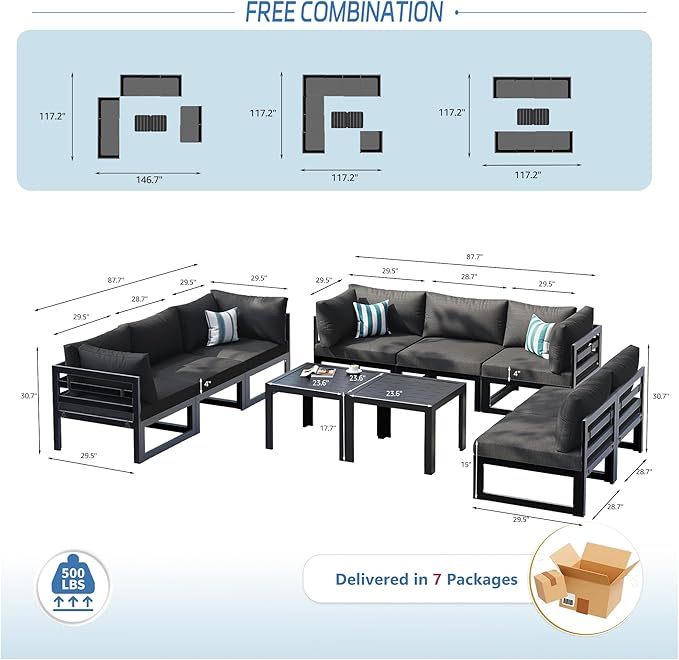 NICESOUL Aluminum Patio Furniture Set 8 Seat, 29" Deep Seating, Modern L Shaped Modular Outdoor Sectional Sofa with Coffee Table, Oversized Comfortable Conversation Set for Backyard Garden, Dark Gray