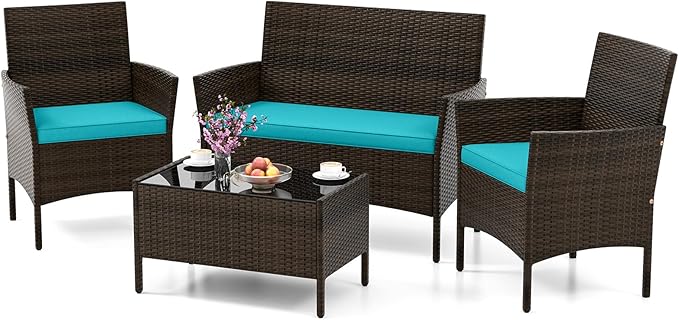 HAPPYGRILL 4 Pieces Outdoor Rattan Conversation Set, Patio Wicker Furniture Set with Loveseat Chairs & Tempered Glass Coffee Table, Outside Sectional Sofa Set for Backyard, Garden, Poolside