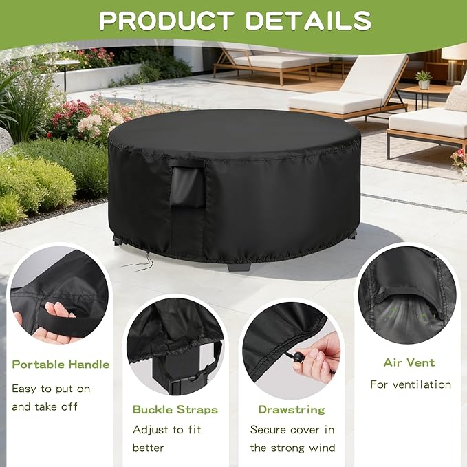 Patio Furniture Covers Round, 34 Inch Outdoor Dinner Table Cover Waterproof, Round Patio Coffee Table Cover for All Weather Resistant - 34 x 16 Inch