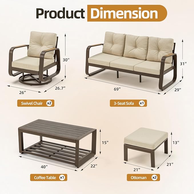 6 Pcs Aluminum Patio Furniture Set with Coffee Table Outdoor Conversation Sofa Set Include Adjustable 3-Seater Sofa, 2 Hydraulic Chair, 2 Ottoman for Balcony, Garden, Poolsid （Beige）