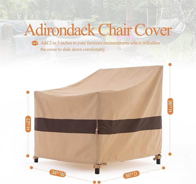 WJ-X3 Ripstop Outdoor Patio Chair Cover, Heavy-Duty Waterproof & UV-Resistant Furniture Cover for Adirondack/Tolix Chairs, 34W x 36D x 36H, Beige&Coffee, 1-Pack