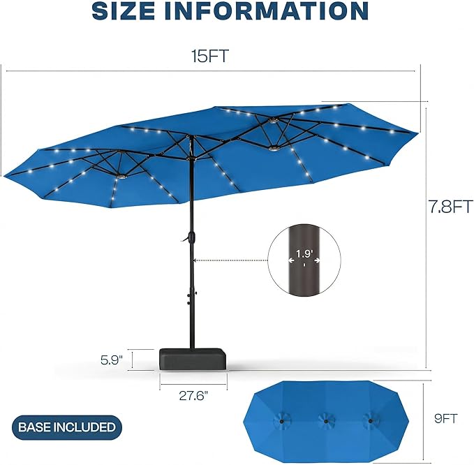 15FT Large Outdoor Patio Umbrella with Solar Lights and Base, Double-Sided Table Umbrellas with 48 LED Lights, Rectangle Market Umbrella for Pool, Deck, Backyard