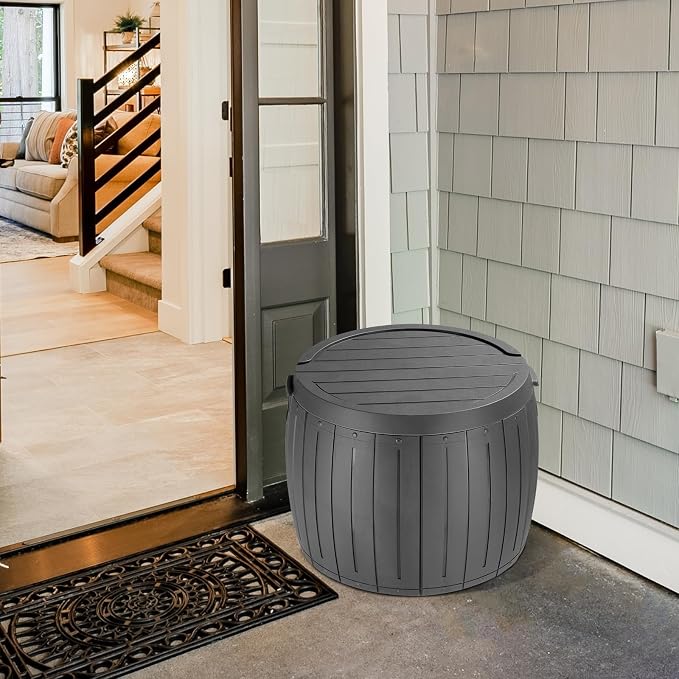 36 Gallon Round Deck Box,Resin Pool Storage Bins,Patio Furniture Outdoor Storage Boxes,Waterproof Garden Utility Tool Box,with Lid & Side Handles,for Outside Indoor Garage Lawn Backyard (Grey)