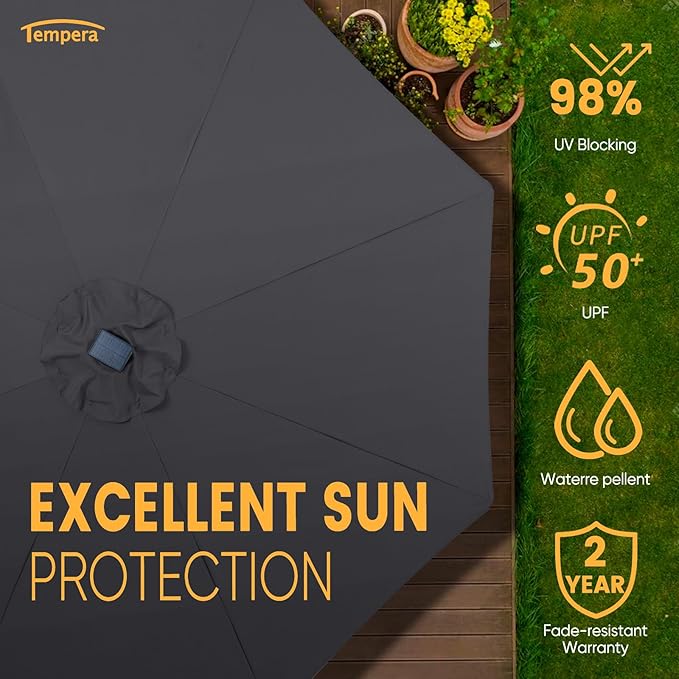 Tempera Solar Patio Umbrella 40 LED Lighted Outdoor Umbrella Table Market Umbrella with Push Button Tilt and Crank, Solar Umbrella with Sturdy Pole&Fade Resistant Canopy, Easy to Set