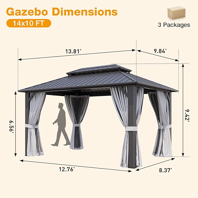 10x14FT Hardtop Gazebo, Metal Frame with Double Galvanized Steel Roof, Permanent Outdoor Pergola with Curtains and Netting Included for Backyard, Patio, Lawn and Garden, Gray