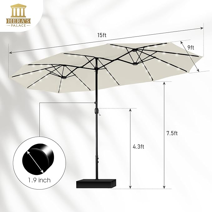 HERA'S PALACE 15ft Patio Umbrella with Base Included Double Sided Outdoor Umbrella for Patio Table Umbrella Outdoor 36 LED Solar Lights for Garden