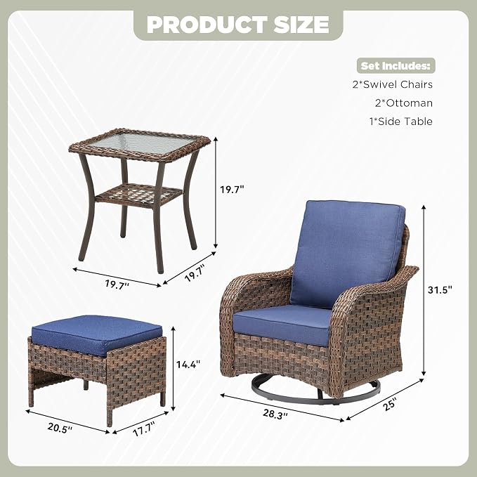 5 PCS Patio Furniture Set, 2 Swivel Rocking Chairs with 2 Ottomans & Side Table, 4-Inch Thick Olefin Cushions, 300 lbs Capacity Wicker Swivel Rocker Chairs for Porch, Balcony, Backyard, Blue
