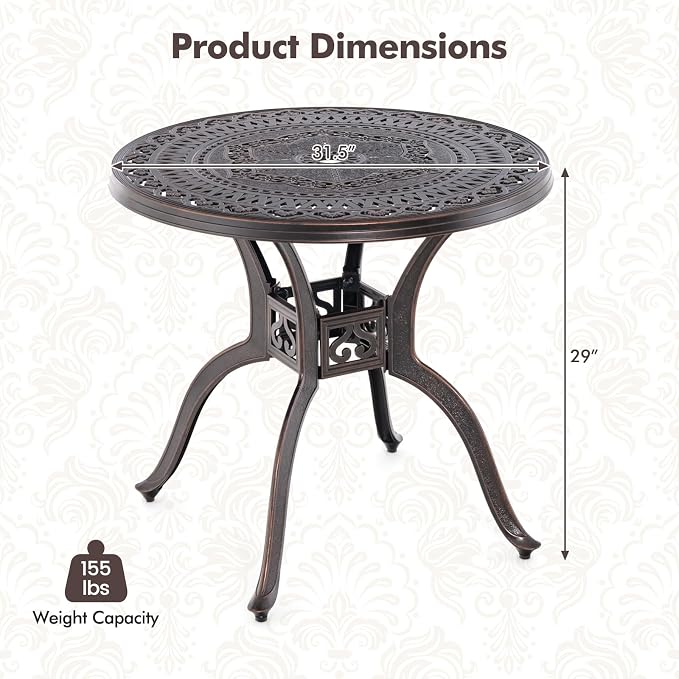 Giantex 31.5" Patio Bistro Table, Cast Aluminum Table Side Table with 2" Umbrella Hole & Adjustable Footpads, All-Weather Metal Outdoor Round Dining Table for Porch, Backyard