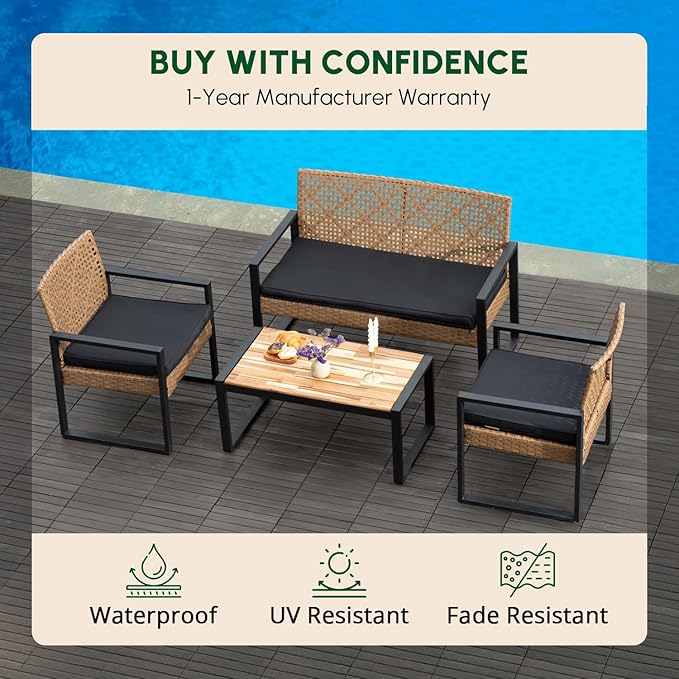 BEEFURNI Wicker Patio Furniture Outdoor Conversation Set of 4, Acacia Wood Table, 2 Rattan Chairs, 1 Loveseat, 2” Cushions, All-Weather, Easy Assembly, 1-Year Manufacturer Warranty (Brown)