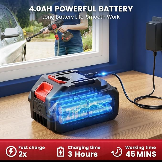 Cordless Portable Washer, Brushless Motor Electric Power Washer with 2×4.0Ah Batteries, LCD Display & 4 Power Modes, Direct Tap/Garden Hose, 7-in-1 Nozzle & Foam Cannon for Auto, Patio, Siding