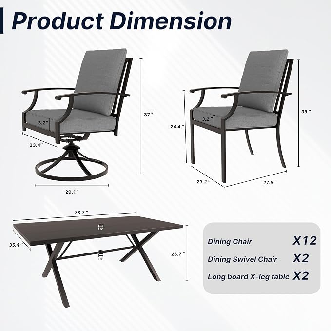 16 PCS Outdoor Patio Dining Set,Patio Table and Chairs Metal Outdoor Patio Furniture Set with Umbrella Hole,Dining Table Set with Swivel Chairs for Deck,Backyard and Garden,Grey