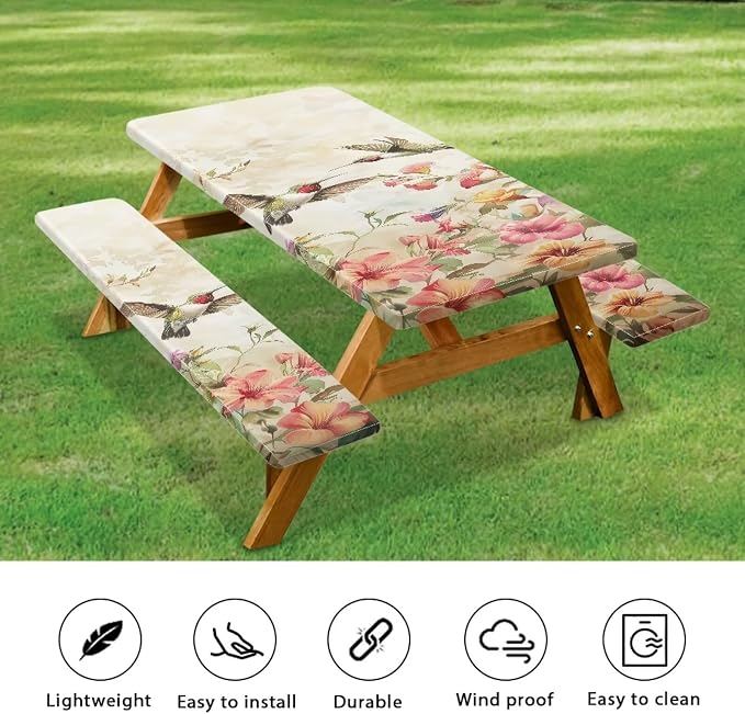 Hummingbird Picnic Table Cover with Bench Covers Elastic Fitted Water Resistant Windproof Tablecloth with Storage Bag - 72x30 Inches 3Pcs Set Patio Table Cover for Outdoor Camping Garden