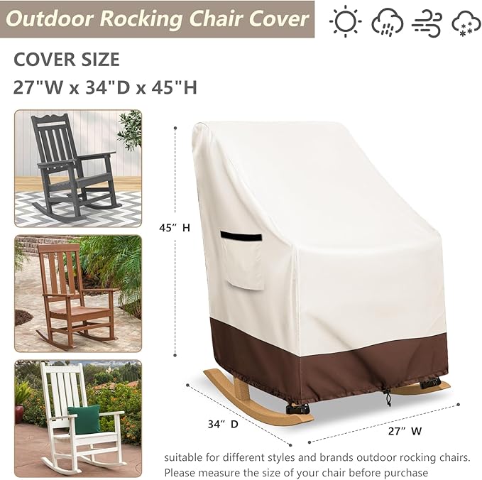 Rocking Chair Cover 600D Heavy Duty Waterproof - Patio Furniture Covers for Outdoor Rocking Chairs - All Weather Protection 27x34x45 Inches Beige