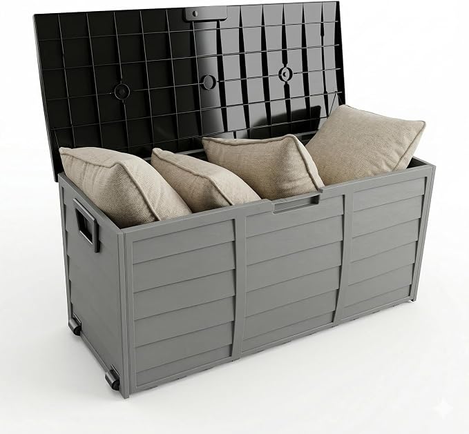 75 Gallon Outdoor Storage Box, 260L Waterproof Resin Deck Box for Patio Furniture Cushions, Garden Tools and Yard Accessories, Lockable Storage Chest with Wheels and Handles (Black+Brown)