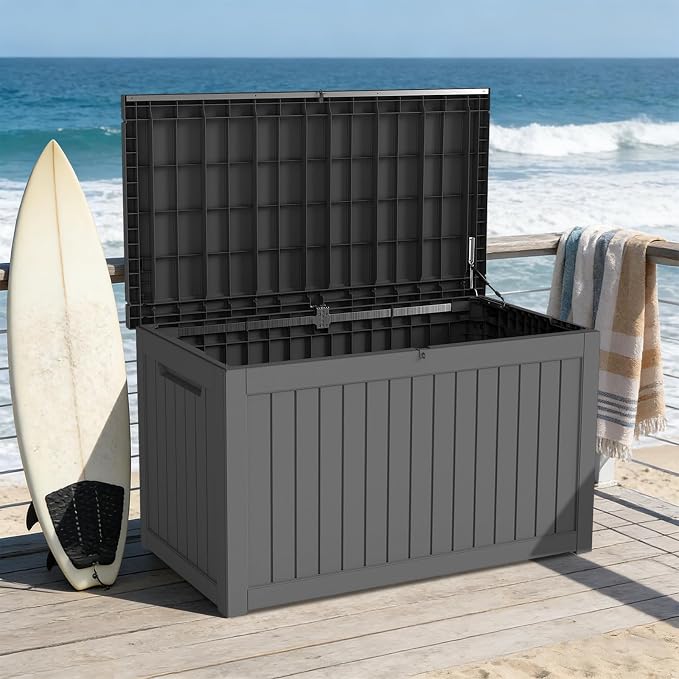 230 Gallon Patio Storage Box, Outdoor Resin Deck Box with Hydraulic Lid, Lockable & Waterproof for Garden Tools, Furniture Cushions, UV Resistant Outside Storage, Black