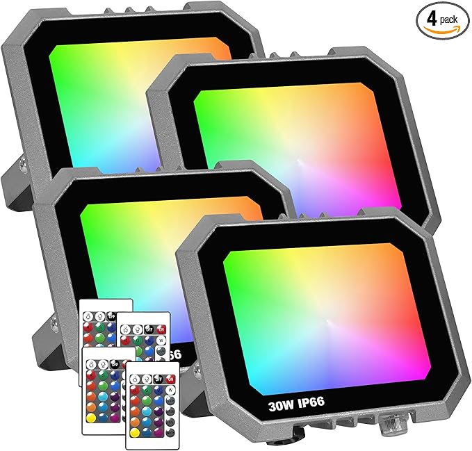 Leddictive 4 Pack RGB LED Flood Light 30W, 300W Equivalent 3000 LM Outdoor Landscape Flood Lights with 4 Remote, IP66 Waterproof Outdoor Light for Christmas Party Stage Uplight Wall Wash