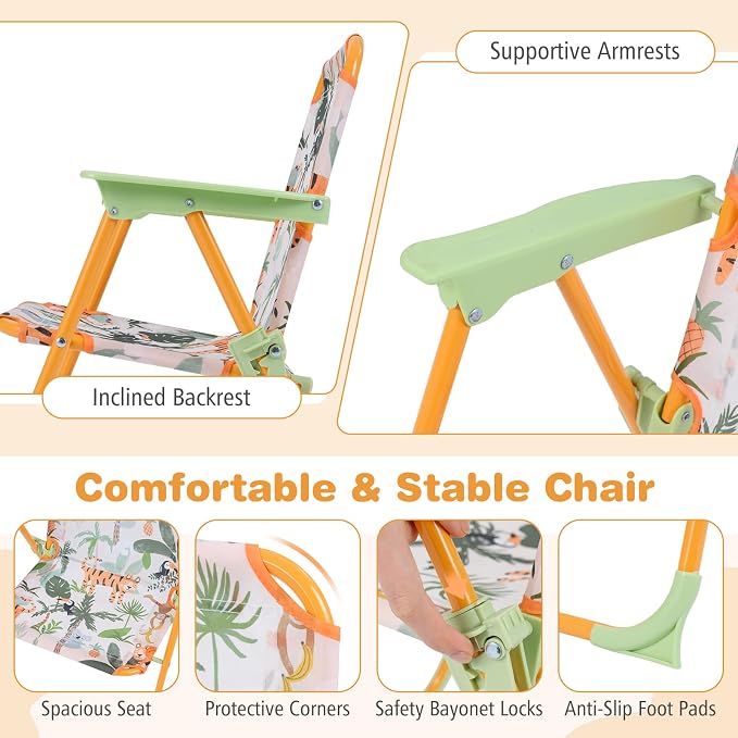 KOTEK Kids Picnic Table with Umbrella, Outdoor Table & 2 Folding Chairs, Cute Pattern Children’s Patio Furniture, Portable Kids Table and Chair Set for Backyard, Garden, Beach (Yellow Tiger)