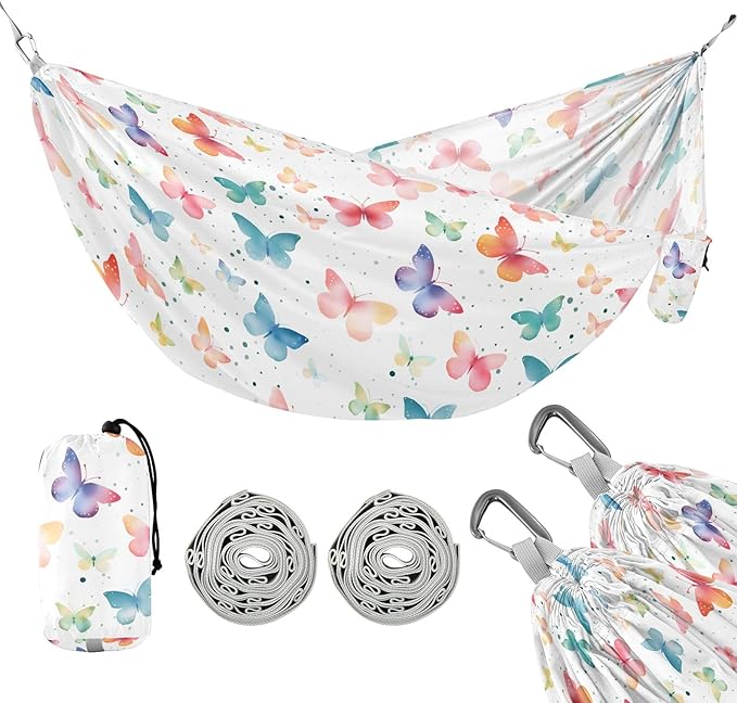 Camping Hammock Outdoor Hammocks for Outside Butterfly Watercolor White Beach Trees Portable Lightweight with Pockets Tree Straps Indoor