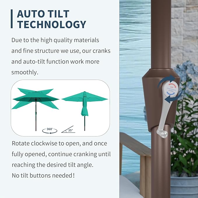 PatioKingdom Auto-Tilt 9FT Patio Umbrella Outdoor with 8 Sturdy Fiberglass Ribs,Market Table Umbrella for Pool,Backyard,Deck and Garden(Peacock Blue)