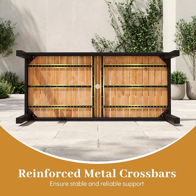 Byroce 58" x 27" Rectangular Acacia Wood Outdoor Dining Table with Umbrella Hole & Black Metal Frame for Patio, Garden & Restaurant, Natural