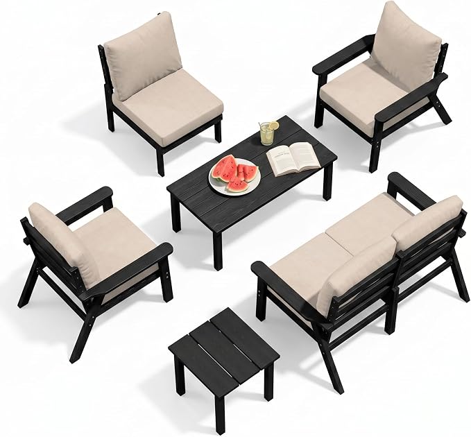 PLUUV 7-Piece Outdoor Patio Furniture Set, HDPE All-Weather Sectional Sofa Set with Thick Cushions, Modular Conversation Set for Deck, Lawn, Porch, Black Frame with Khaki Cushion