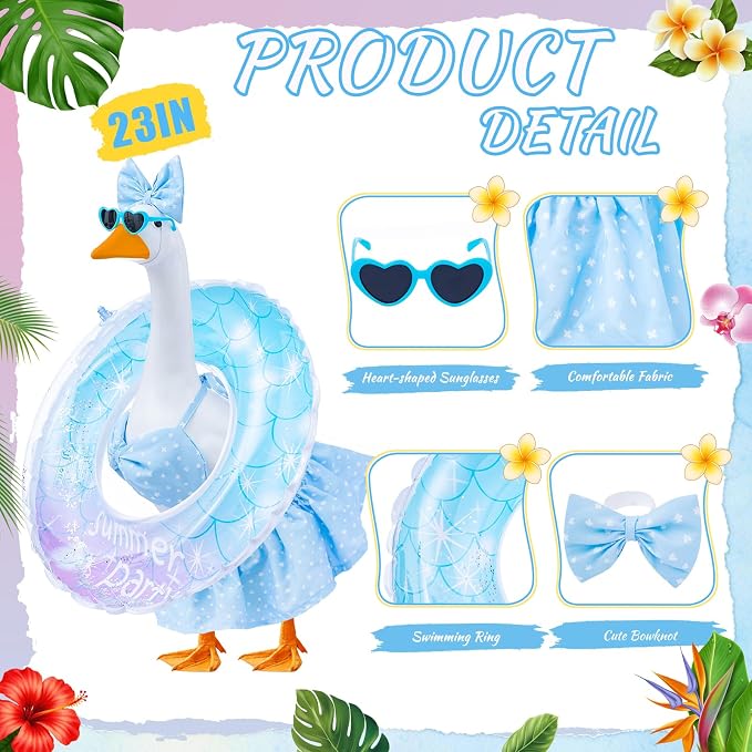 Bikini Porch Goose Outfits Fits 23" Goose Statue Summer Porch Goose Outfit with Sunglasses and Swim Ring Hawaiian Porch Goose Clothes Costume for Outdoor Garden Lawn Yard Decor(Blue Flower)
