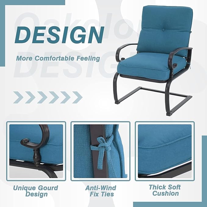 Oakcloud 4-Piece Outdoor Metal Furniture Sets Patio Conversation Set Wrought Iron Glider, 2 Spring Lounge Chairs and Round Side Table, Peacock Blue