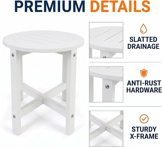 Outdoor Side Table for Patio Round HDPE Outdoor End Table with Storage Shelf，Plant Stand Tables for Patio Porch Balcony Garden,Weatherproof，White