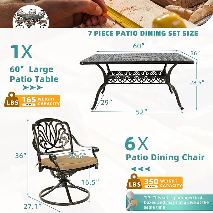 MEETWARM 7-Piece Outdoor Patio Dining Set, All-Weather Cast Aluminum Patio Conversation Set for Backyard Garden Deck with 6 Cushioned Swivel Rocker Chairs, 1 Rectangular Table, 2" Umbrella Hole