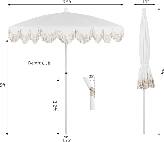 JONATHAN Y Mariner 6.5 ft. Beach Umbrella, Solid White with Fringe, Push-Button Tilt, UPF 50+ Sun Protection and Carrying Bag for Patio and Pool, White Pole UMB1005A