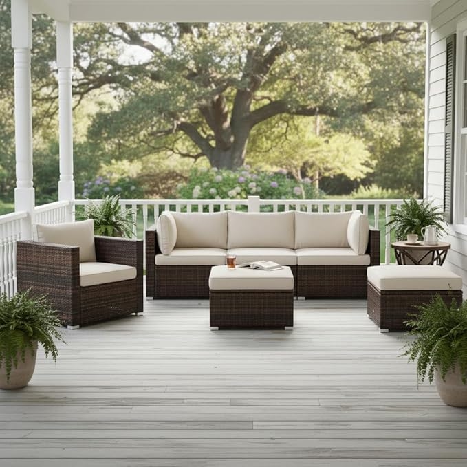 Tangkula 6 Pieces Wicker Patio Furniture Set, PE Rattan Outdoor Sectional Conversation Set with Glass Coffee Table & Ottoman, Wicker Sofa Set with Cushions for Yard Garden, Deck, Porch (White)
