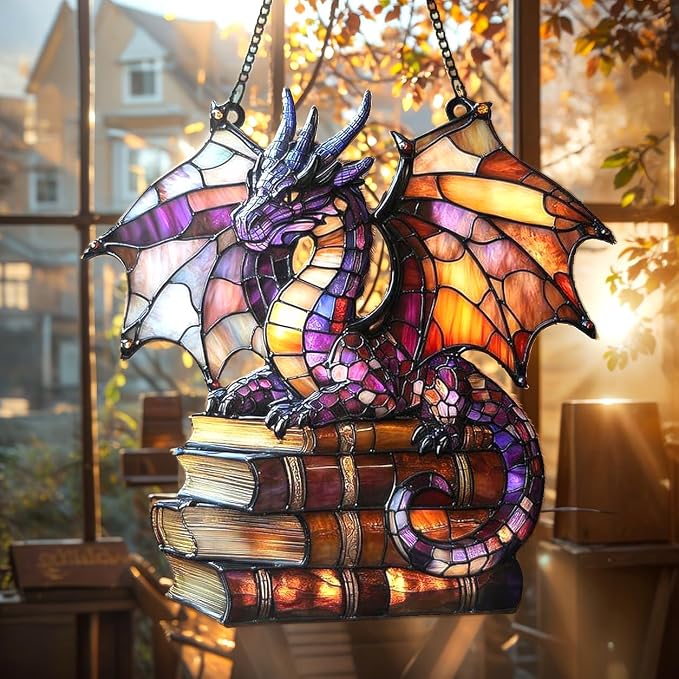 Book Dragon Bookish Acrylic Suncatcher, Boho Suncatchers for Window Hanging Ornament, Art Garden Decor for Book Lover Reader Bookworm, Gifts for Mother's Day, Mom, Grandma, Wife, Women, Nana