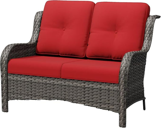 Wicker Patio Loveseat, 2 Seat Outdoor Couch with Thickened Olefin Cushions, High Back and Deep Seating, Hand-Woven PE Rattan for Porch, Deck, Balcony