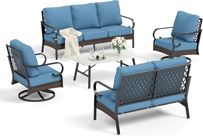 HERA'S HOUSE 5 Piece Metal Patio Furniture Set, 7 Seats All Weather Outdoor Conversation Set, 3 Seat Sofa with Loveseat, 2 Swivel Chairs, Coffee Table for Backyard, Garden, Deck, Navy Blue