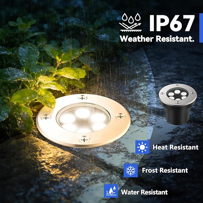 JESLED Low Voltage Landscape Lights, 6W LED Well Lights IP67 Waterproof, 3000K Warm White In-Ground Lights with Wire Connectors for Pathway, Deck, Patio, Yard, Garden (12 Pack)