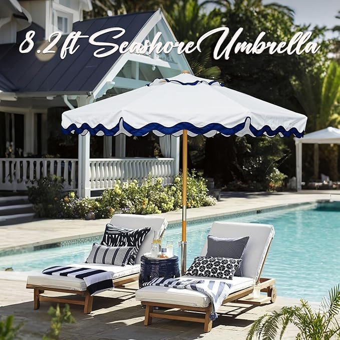 AMMSUN 8.2ft Vintage Wood Outdoor Umbrella, with a pulley system, UPF 50+, for markets, gardens, porches, courtyards, beach terraces, cafes, taverns, dining tables, pool sides, wedding venues