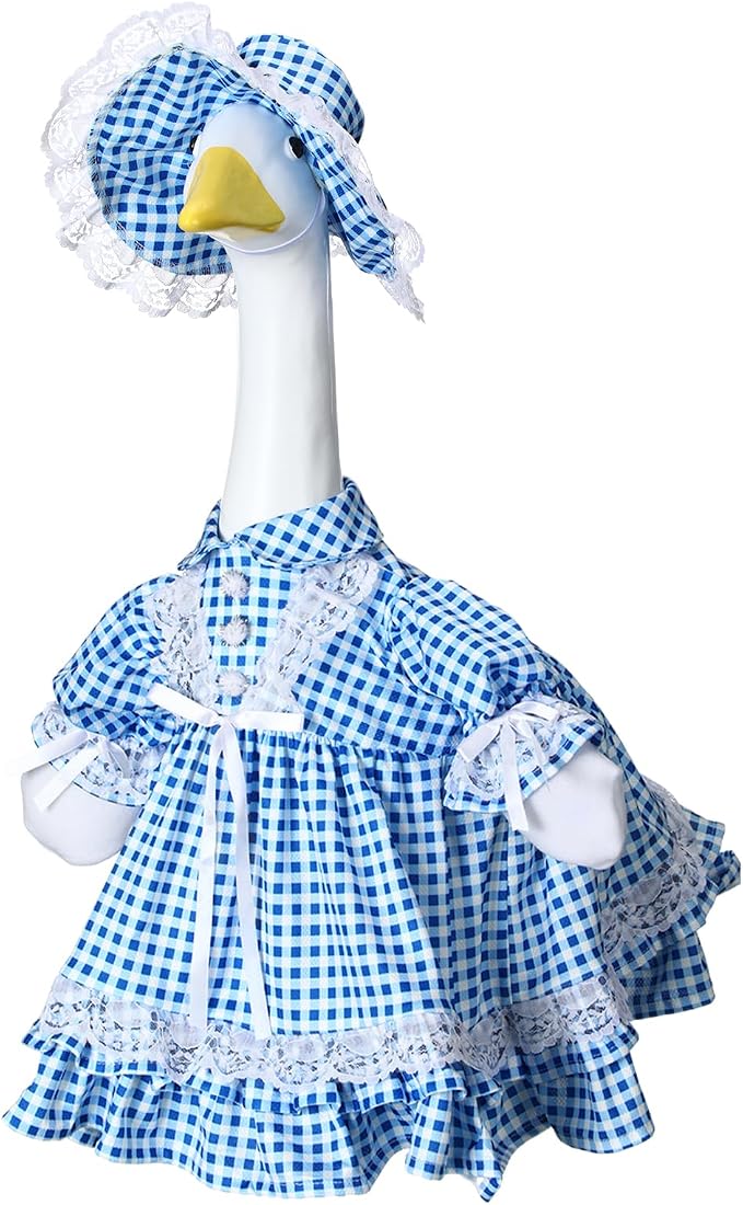 Soulchen 1 Set Summer Blue Plaid Porch Goose Outfit 23 Inch Cement Goose Clothes Dress and Hat Costume Set for Summer Holiday Lawn Garden Yard Decor