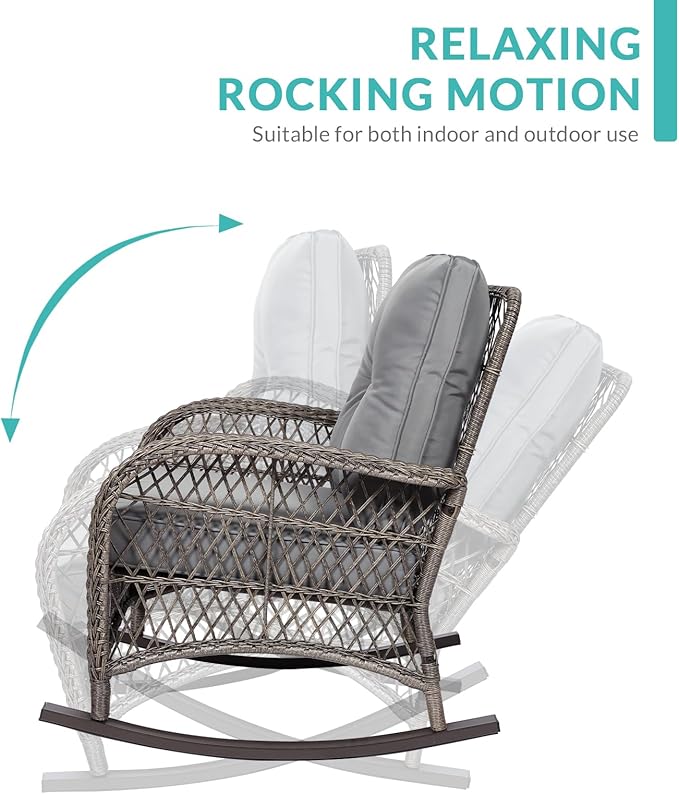 MEETWARM 7 Pieces Outdoor Patio Rattan Furniture Sets, All Weather Patio Wicker Conversation Set- 2 Rocking Chairs, 2 Swivel Chairs, 1 Loveseat Glider w/Cushions, 2 Glass-Top Coffee Table, Gray