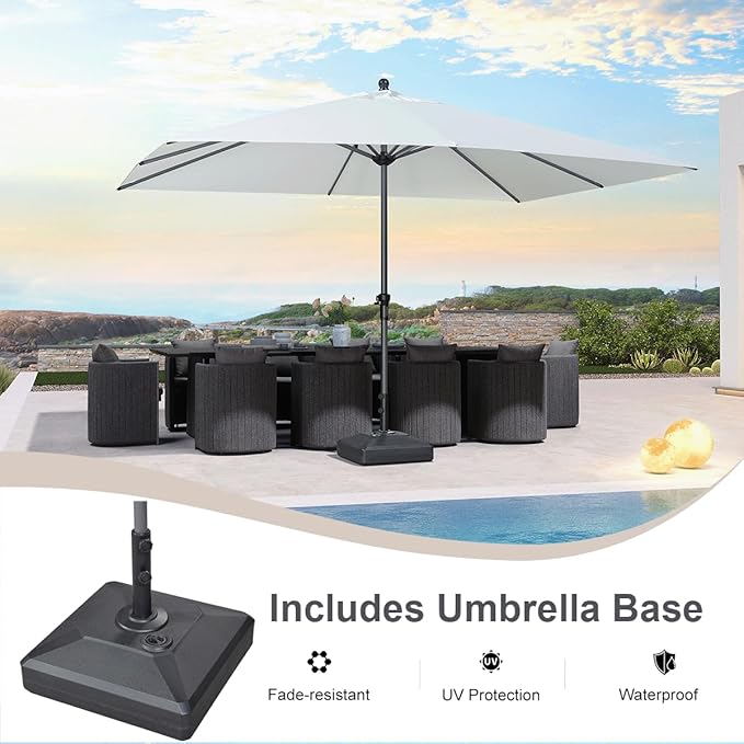PURPLE LEAF 12' x 9' Rectangle Patio Market Umbrella with Base Outdoor Table Umbrellas Aluminum Frame Sun Shade with 8 Sturdy Ribs for Garden Deck Lawn Pool White