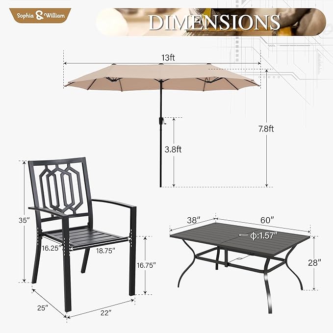 Sophia and William Patio Dining Set for 6 with 13ft Double-Sided Patio Umbrella, 8 Piece Metal Outdoor Table Furniture Set, 6 Outdoor Chairs, 1 Rectangle Dining Table and 1 Large Beige Umbrella