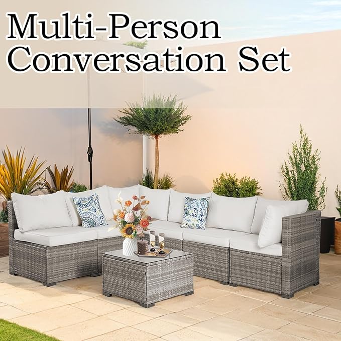 7 Piece Outdoor Patio Sectional Sofa Set, All-Weather Wicker Patio Furniture Set, with able Cushions & Tempered Glass Table for Backyard, Poolside, Garden Patio Conversation Sets