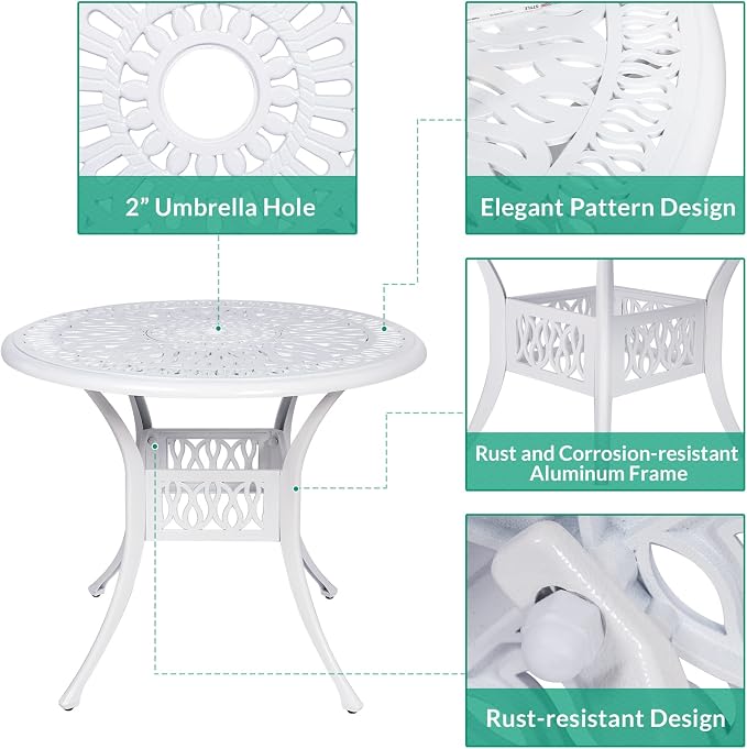 VIVIJASON 3-Piece Patio Furniture Dining Set, Outdoor All-Weather Cast Aluminum Bistro Set, Include 2 Swivel Chairs and 35.4" Round Table w/Umbrella Hole for Balcony, Lawn, Garden, Backyard, White