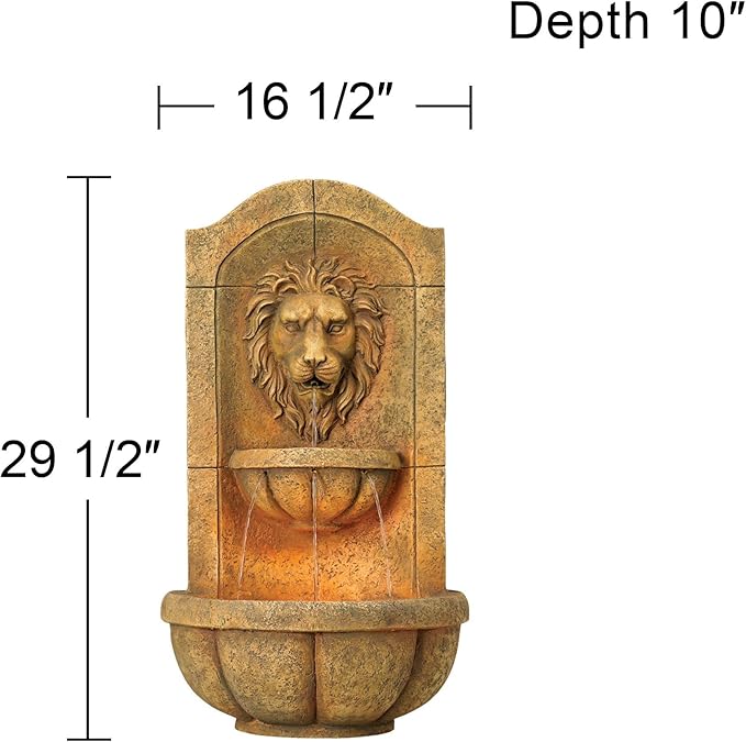 Royal Lion Head 29 1/2" High Large Italian Indoor Outdoor Decor Faux Stone Wall Fountain with Light LED Statue Waterfall Tiered Water Feature for Outside Garden Patio Yard Backyard - John Timberland