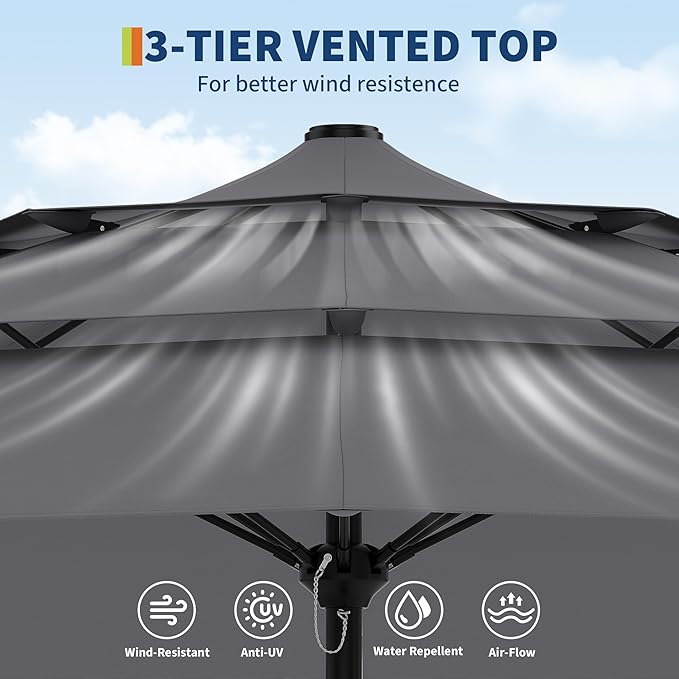 GarveeTech Patio Umbrella, 3-Tier Vented Canopy with Hand Crank, Push-Button Tilt Outdoor Umbrella, Alloy Rib Frame for Pool, Backyard and Deck, 9FT Grey