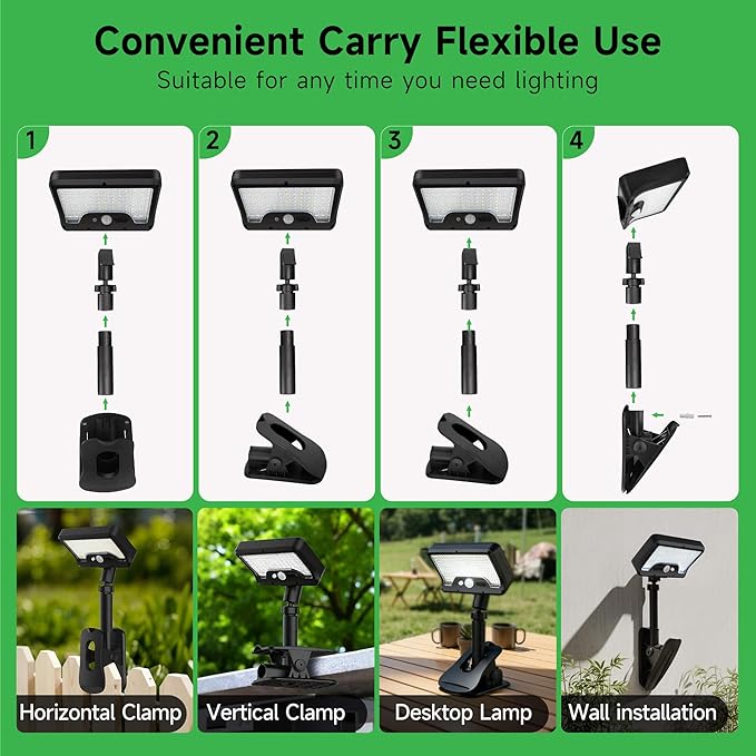 Clip On Solar Motion Lights Outdoor with Remote, 600LM IP65 Waterproof, 1500mAH USB & Solar Powered for Fence, Camping, Porch - Black(1-Pack)