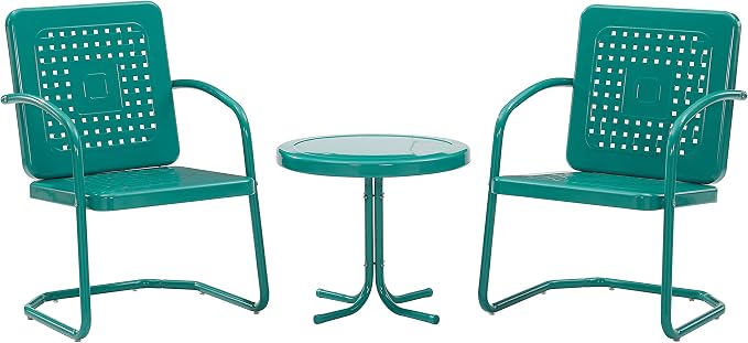 Crosley Furniture Bates 3-Piece Outdoor Chair and Side Table Set, Retro Metal Bistro Patio Conversation Sets, Turquoise Gloss