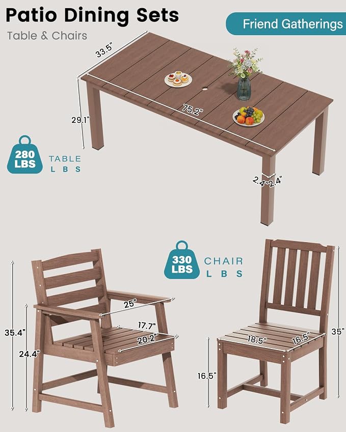 LOUNZY 9 Piece Outdoor Dining Set for 8, HDPE Patio Furniture, Brown | 75.2” table,Heavy-duty 8 person patio set, mixed chair eco-friendly HDPE, comfortable seating for large outdoor meals